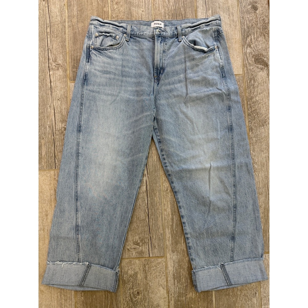 Pistola Wide Leg Barrel Jeans Womens 32 Light Wash Blue Cuffed Relaxed Denim